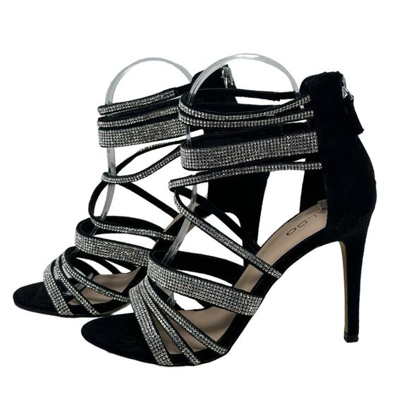 Aldo black with rhinestones strappy stiletto high heels sandals shoes size 7 - Picture 1 of 16